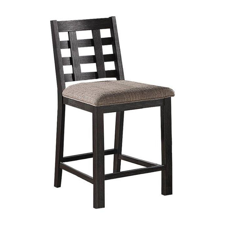 Trixy Counter Stool Chair, Open Square Back, Brown Wood, Beige Fabric - Benzara