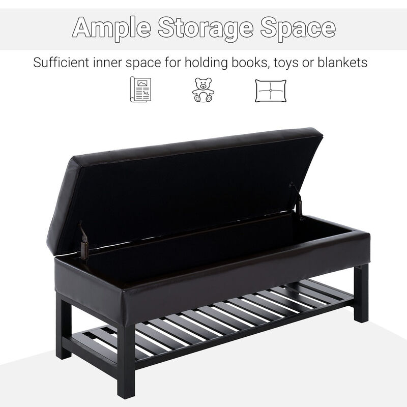 Multifunctional Dark Seat: 44" Tufted Faux Leather Ottoman with Shoe Storage