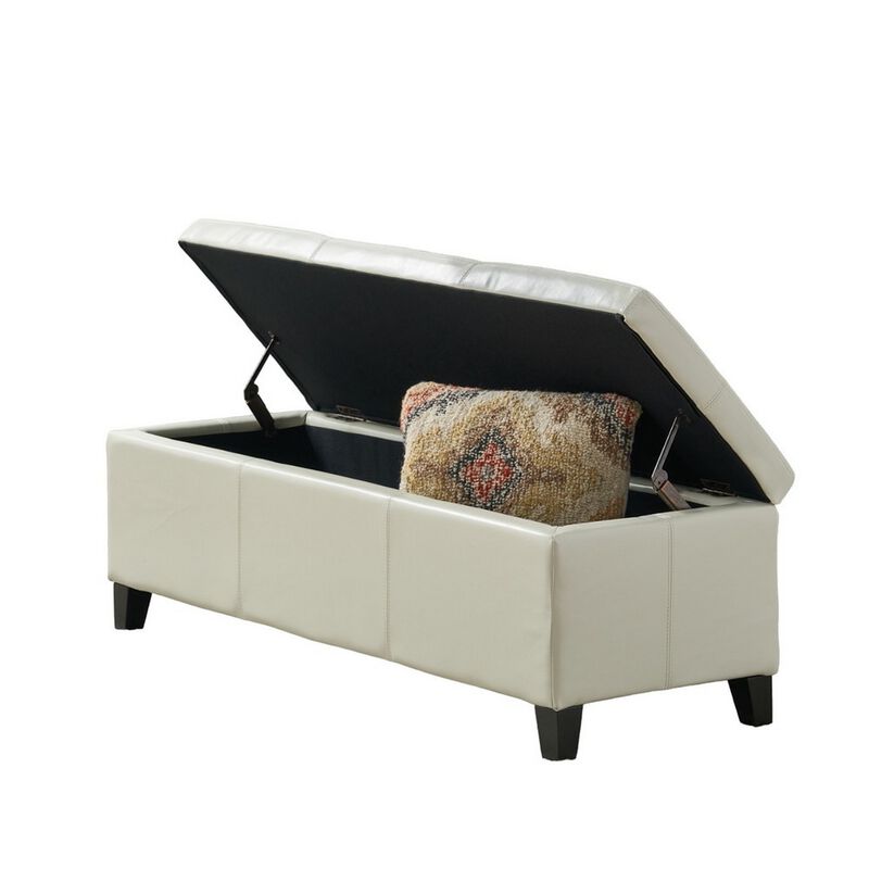 Elias Storage Ottoman Bench, Detailed Ivory Faux Leather, 51 Inch -Benzara