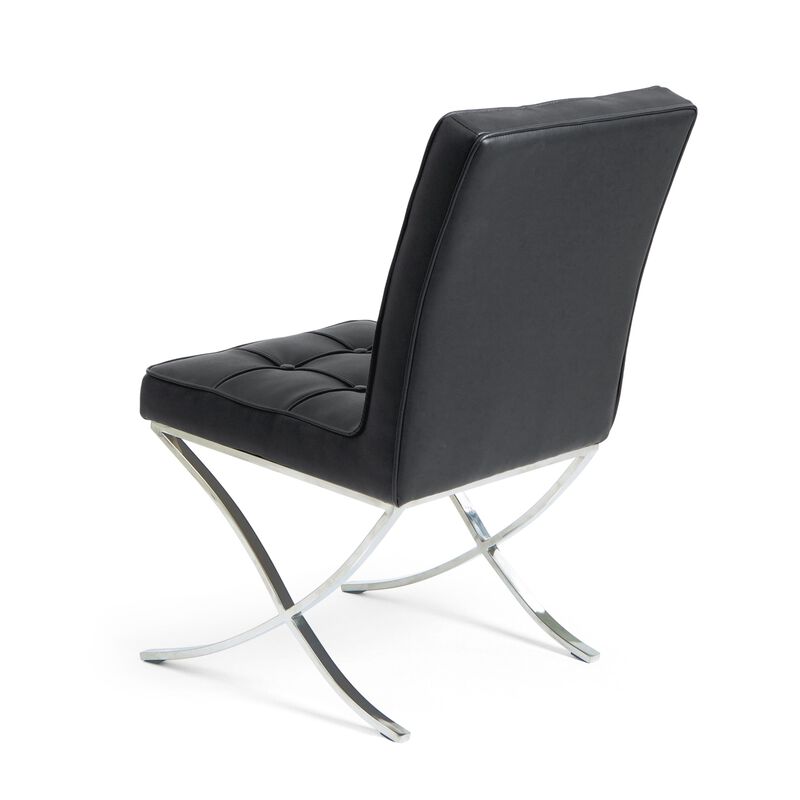 Dinner Chair Set of 2, X Chrome Legs, Button Tufted Black Leather - Benzara