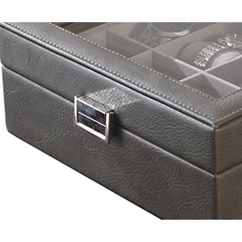 9 Inch Watch Case with 8 Spaces, Gray Faux Leather, Lined, Glass Lid, Black - Benzara