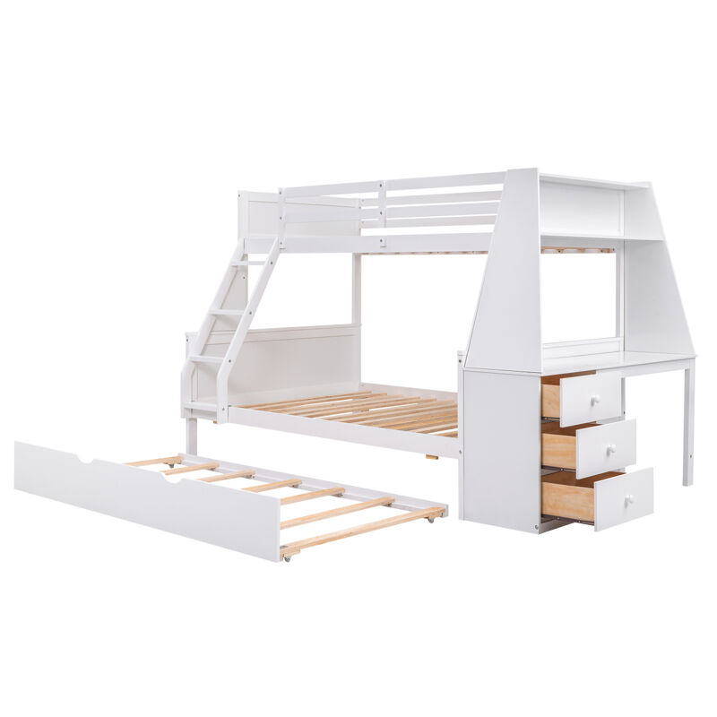 Twin Over Full Bunk Bed With Trundle And Built-In Desk, Three Storage Drawers And Shelf