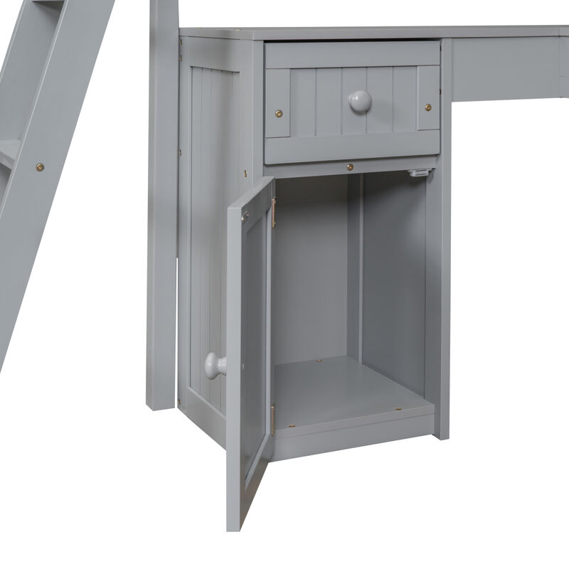 Twin Size Loft Bed With Drawers, Cabinet, Shelves And Desk, Wooden Loft Bed With Desk