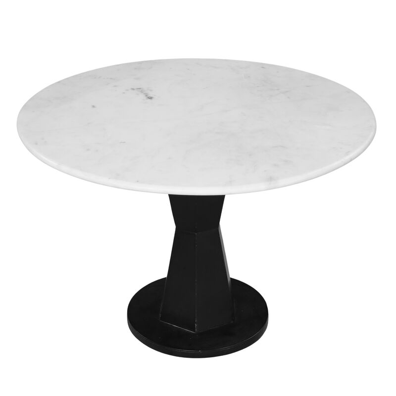 Riko Coffee Table, 27 Inch Round White Marble Top, Modern Black Iron Hourglass Pedestal Base