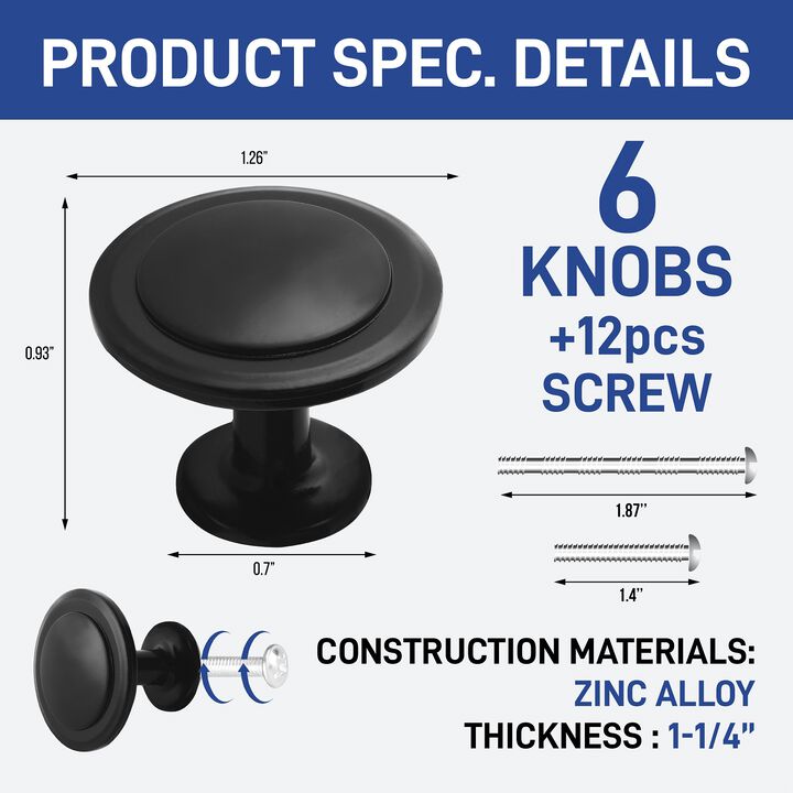 6pcs 1-1/4" Kitchen Cabinet Knobs, Rust-Proof Matte Black Finish, Modern Design, Strong Zinc Alloy, Easy Installation