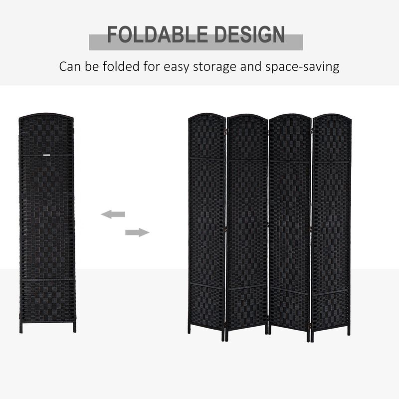 Black Room Divider: 6' Tall Wicker Weave 4-Panel Wall Divider