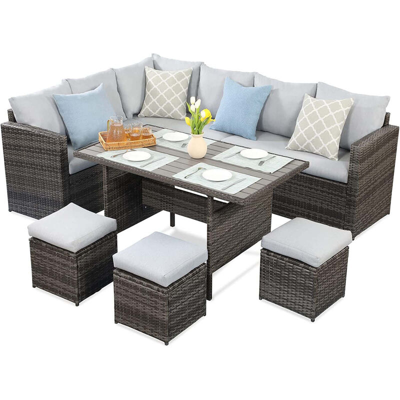 7-Pieces PE Rattan Wicker Patio Dining Sectional Cusions Sofa Set With Grey Cushions