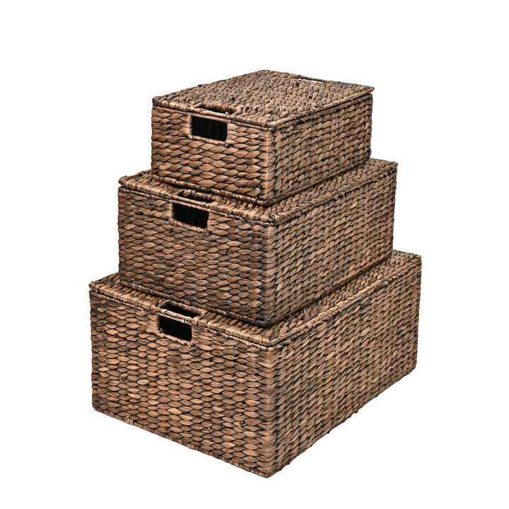 Brooks Classic Farmhouse Woven Hyacinth Rectangular Storage Baskets with Lids and Handles