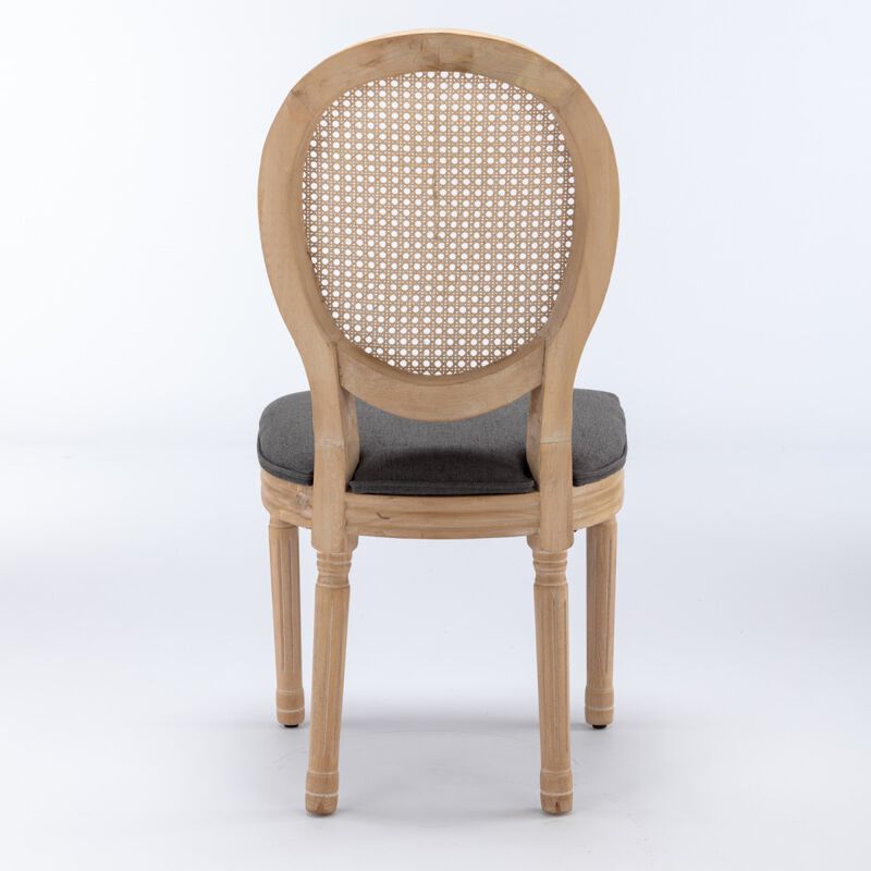 French Style Solid Wood Frame Antique Painting Linen Fabric Rattan Back Dining Chair, Set Of 2, Gray