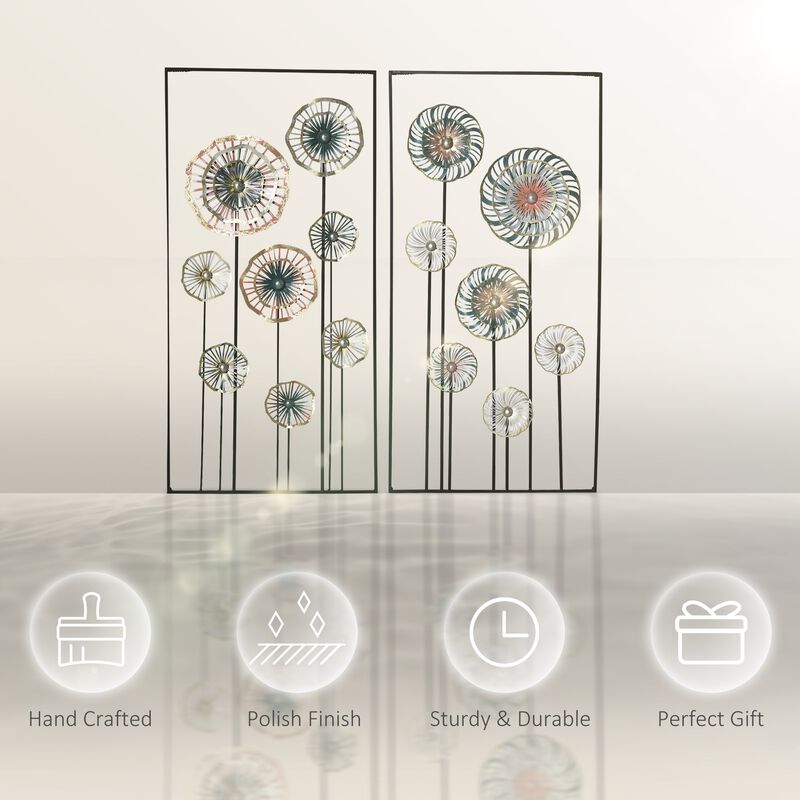 Blue/Silver/Gold Decor: 3D Metal Wall Art Set with Modern Flower Design
