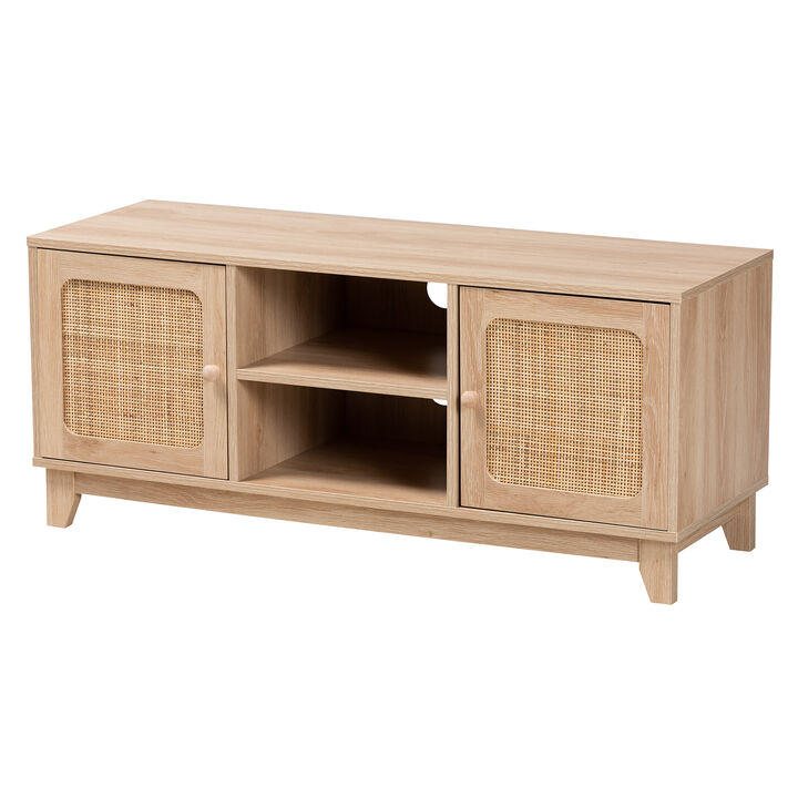 Baxton Studio Elsbeth  Light Brown Finished Wood and Natural Rattan 2 Door TV Stand