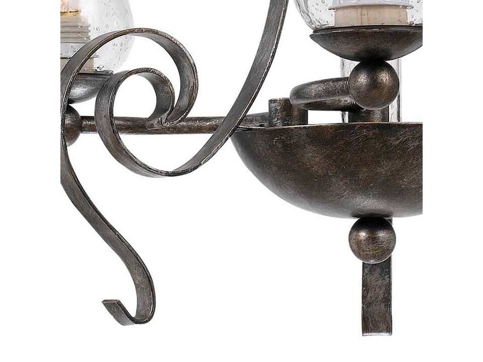 3 Bulb Chandelier with Scrolled Metal Frame and Glass Shades,Gray and Clear-Benzara