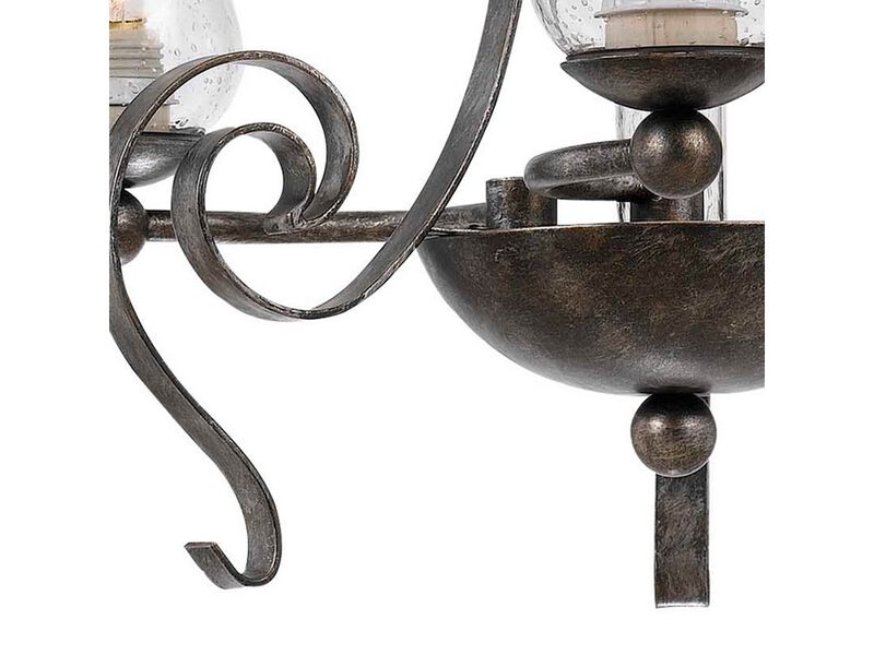 3 Bulb Chandelier with Scrolled Metal Frame and Glass Shades,Gray and Clear-Benzara