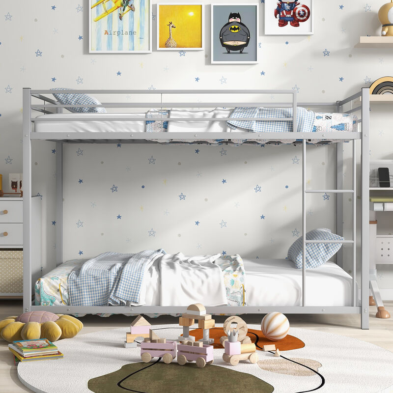 Low Profile Twin Over Twin Metal Bunk Bed with Full-Length Guardrails for Kids Room