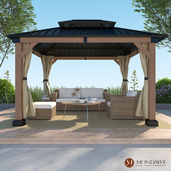Mondawe Beverly Hills 10 ft. x 12 ft. Outdoor Fir Solid Wood Frame Patio Gazebo Canopy Shelter Galvanized Steel Hardtop Curtain
