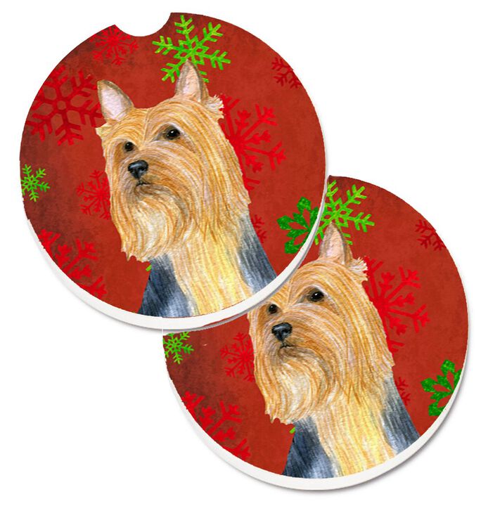 Caroline's Treasures Silky Terrier Red green Snowflake Holiday Christmas Set of 2 Cup Holder Car Coasters LH9316CARC, 2.56, Multicolor