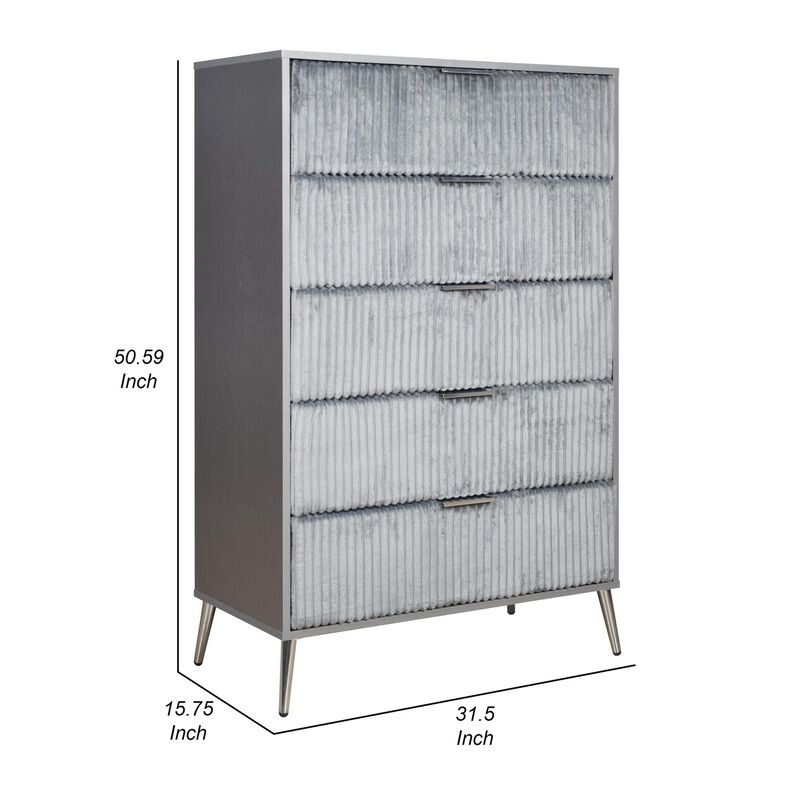 Benjara, Gray, Nickel Moko 51 Inch Tall Dresser, 5 Fabirc Upholstered Drawers