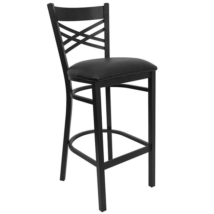 Flash Furniture HERCULES Series Black ''X'' Back Metal Restaurant Barstool - Black Vinyl Seat