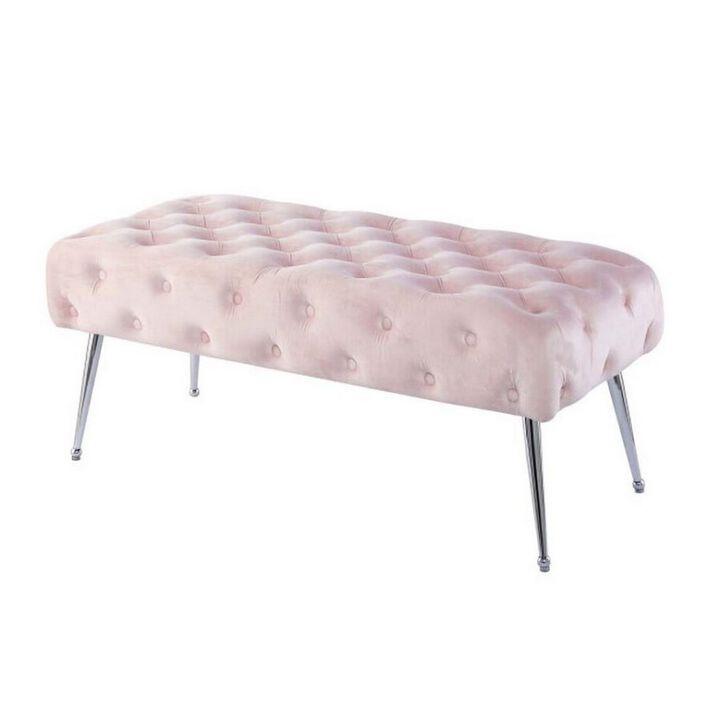 Rey 48 Inch Accent Bench, Tufted Pink Velvet Upholstery Padded Seat, Chrome - Benzara