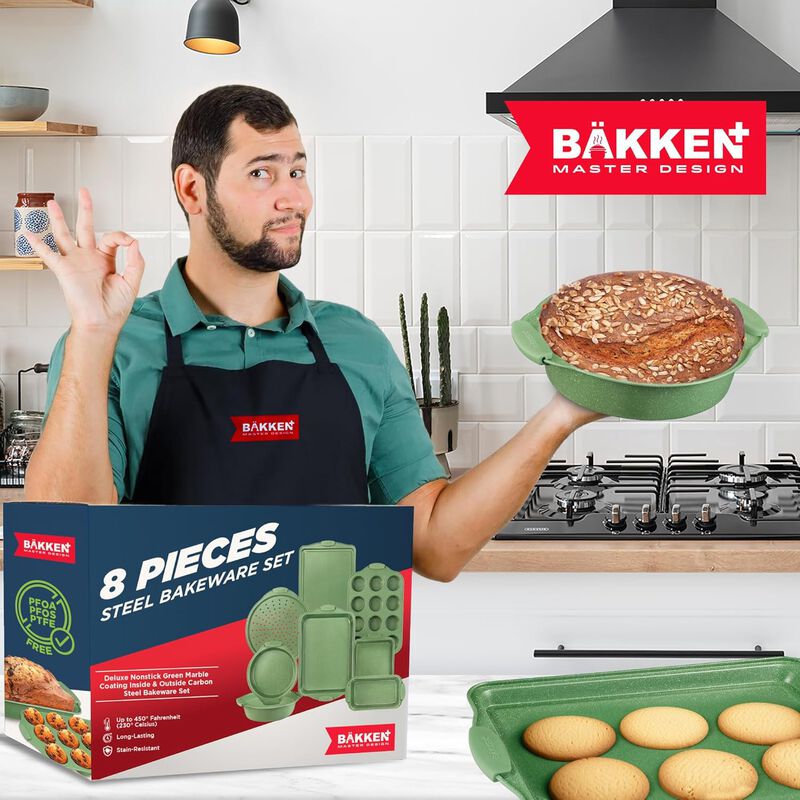 BAKKEN Kitchen Baking Pan Set - Nonstick Coating, Carbon Steel Bakeware Sets with Silicone Handles, Baking Kitchen Essentials, PFOA, PFOS, PTFE Free, Oven Safe Tray (Up To 450° F), Set of 8