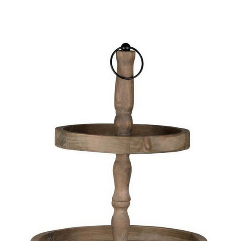 Zia 30 Inch 3 Tier Serving Tray, Flat Round Plates, Brown Fir Wood Finish - Benzara