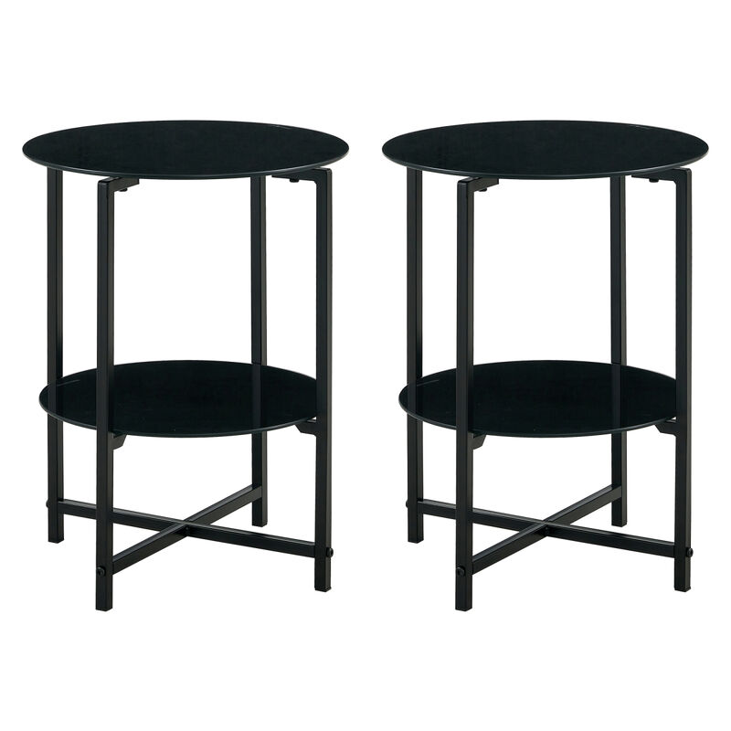 2-Piece Set (Black) Tempered Glass End Table, Round Coffee Table For Bedroom Living Room Office