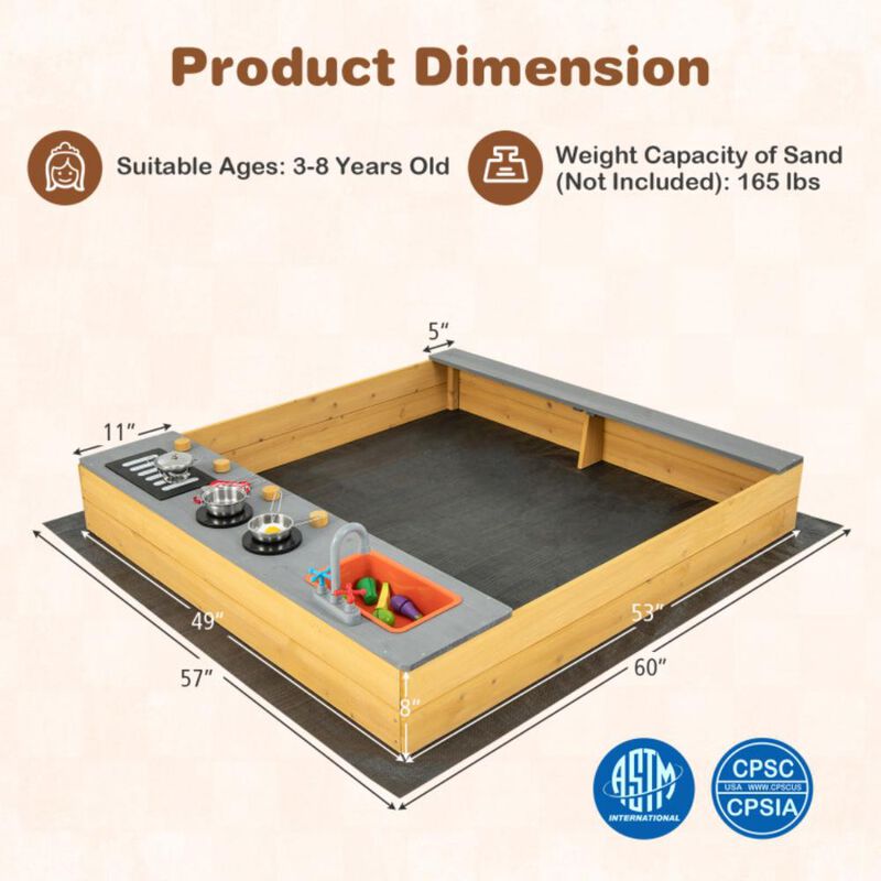Hivvago Wooden Sandbox Kids Sand Pit with Kitchen Playset Accessories for 3-8 Years Old