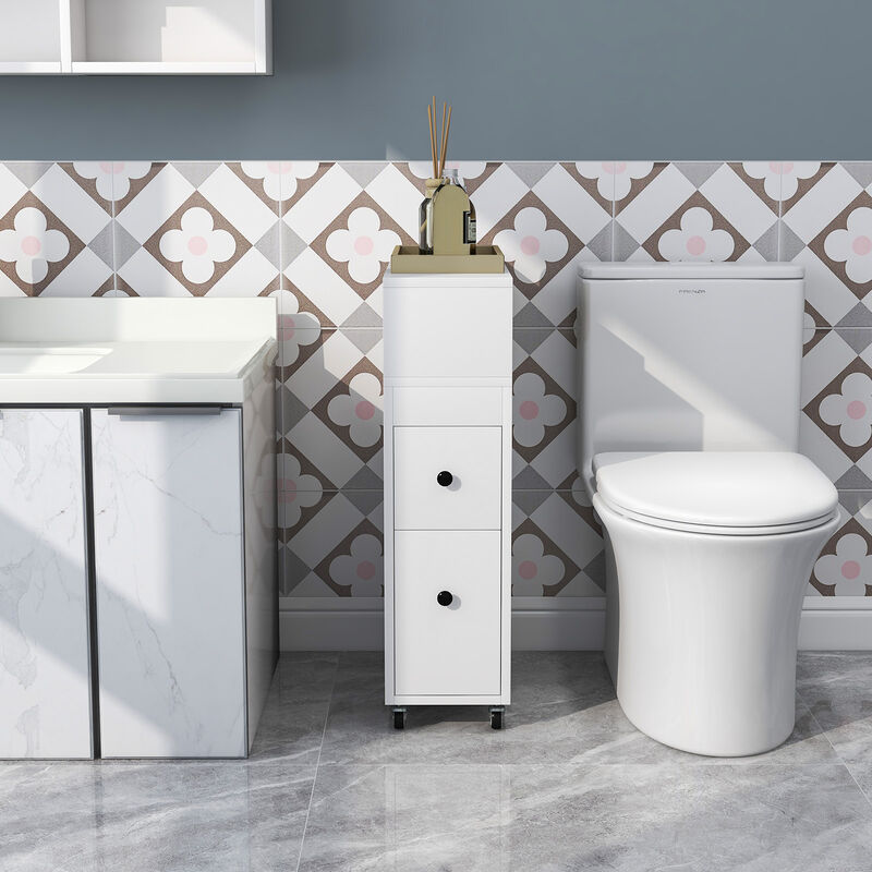 Costway Movable Bathroom Storage Cabinet Narrow Toilet Side Paper Holder w/ 2 Drawers