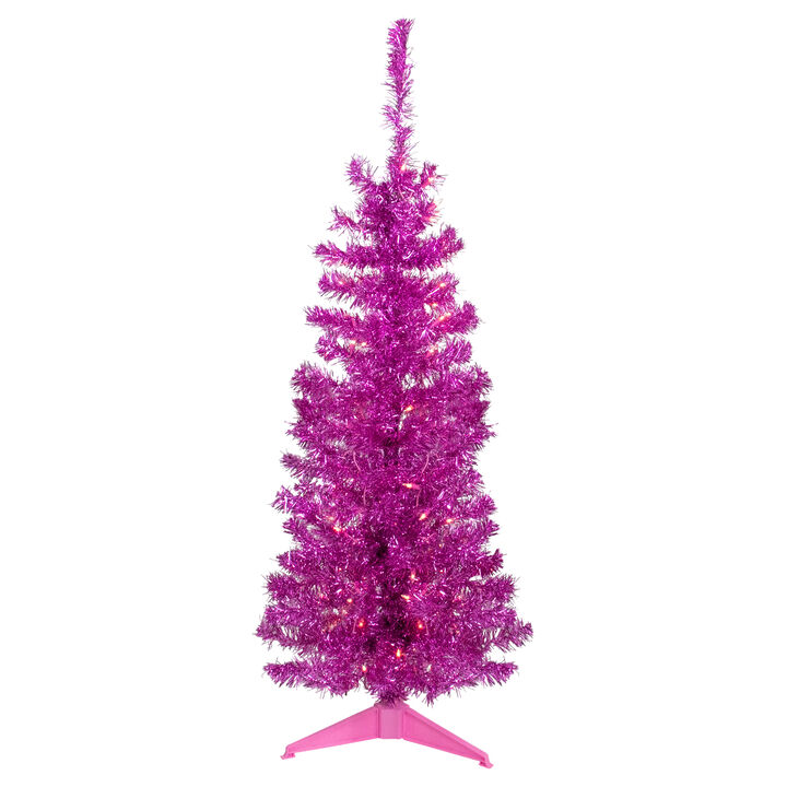 4' Pre-Lit Pink Artificial Tinsel Christmas Tree  Clear Lights