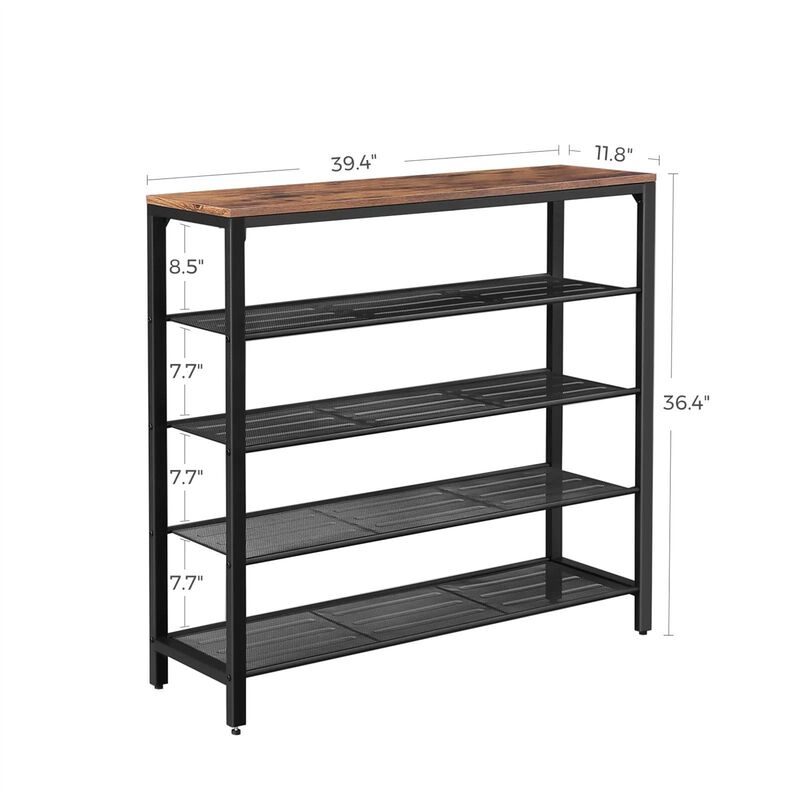 QuikFurn Modern Industrial Style 5-Tier Black Metal Shoe Rack with Brown Wood Top