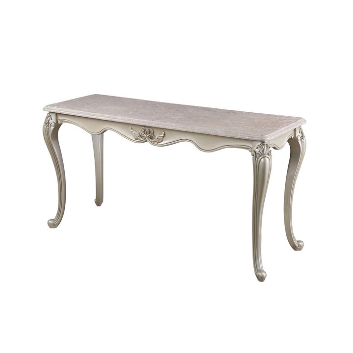 Kerra Console Table, Beige Marble, Classic Carved Champagne 58 Inch - Benzara