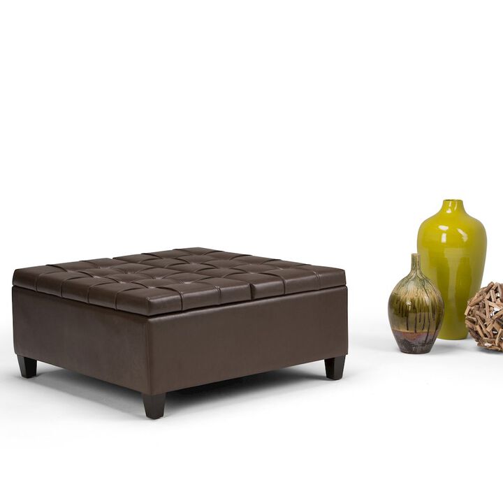 Simpli Home Harrison Coffee Table Storage Ottoman In Chocolate Brown Vegan Faux Leather