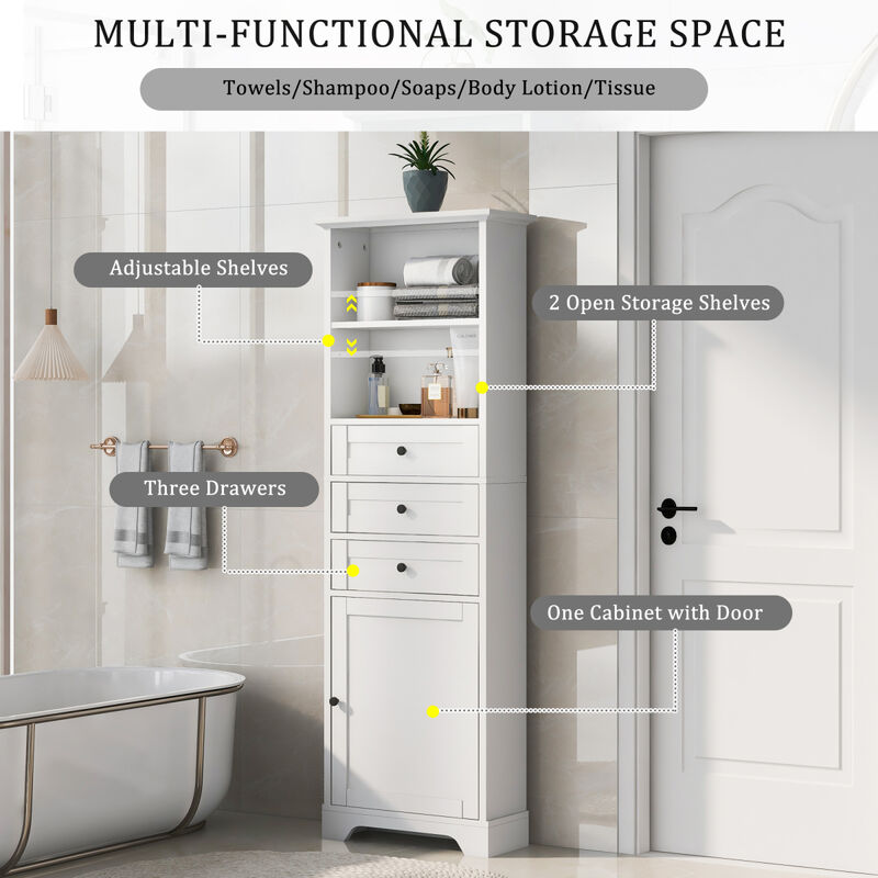 White Tall Storage Cabinet with 3 Drawers and Adjustable Shelves