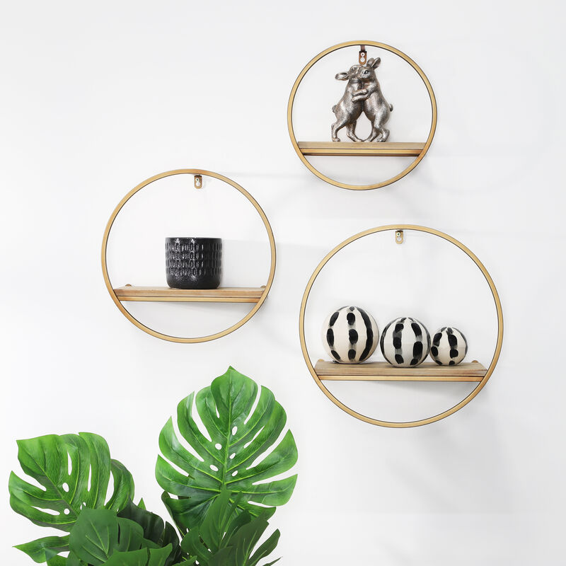Metal & Wood Wall Shelves, Bronze Set