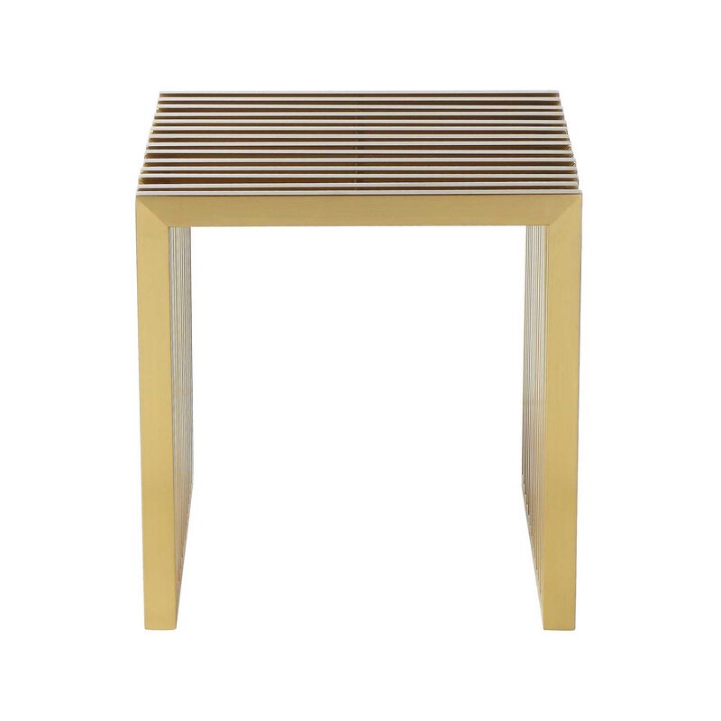 Niki 17 Inch Accent Stool, Slatted Design, Square, Luxurious Brushed Gold  - Benzara