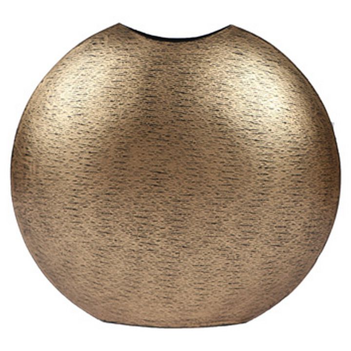 Bier Decor Vase, Curved Mouth, 16 Inch Round Metal Frame, Flat Base, Gold - Benzara