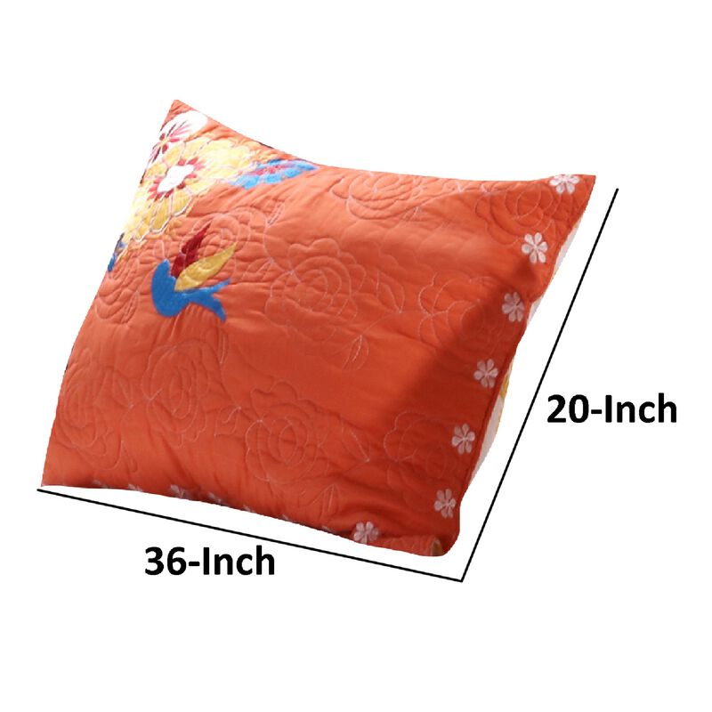 36 Inch Quilted King Pillow Sham, Cotton Rich Fill, Multicolor Embroidery - Benzara