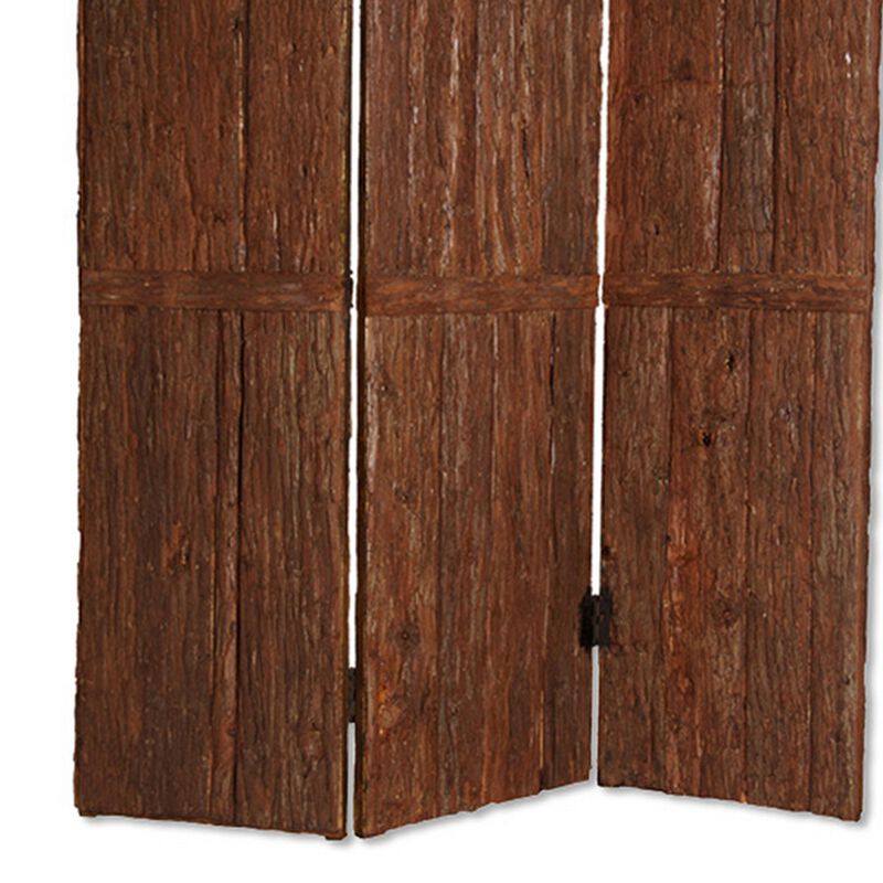 Wooden Foldable 3 Panel Room Divider with Plank Style, Small, Brown-Benzara