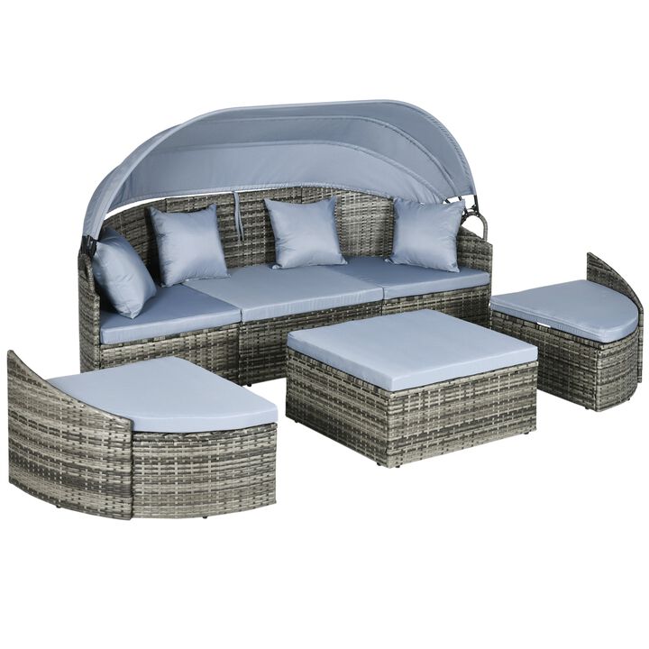 Light Grey Outdoor Lounge: Rattan Daybed with Canopy & Sectional Design