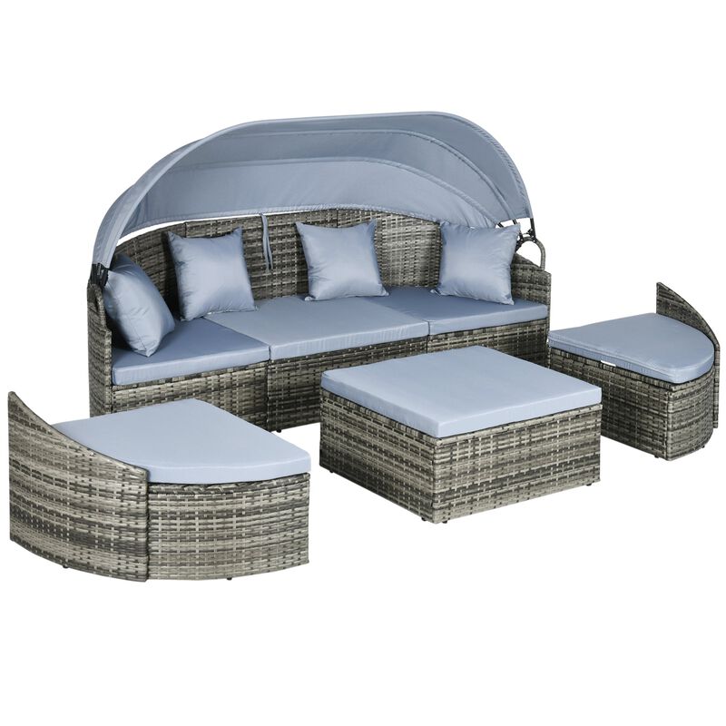 Light Grey Outdoor Lounge: Rattan Daybed with Canopy & Sectional Design