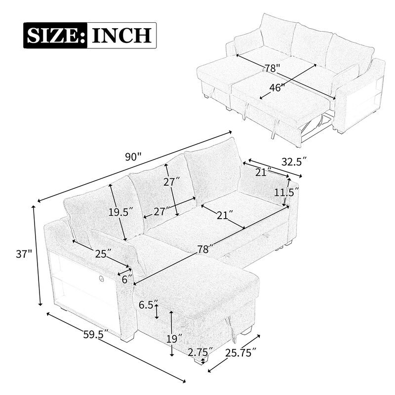 90" Pull Out Sleeper Sofa L-Shaped Couch Convertible Sofa with USB ports