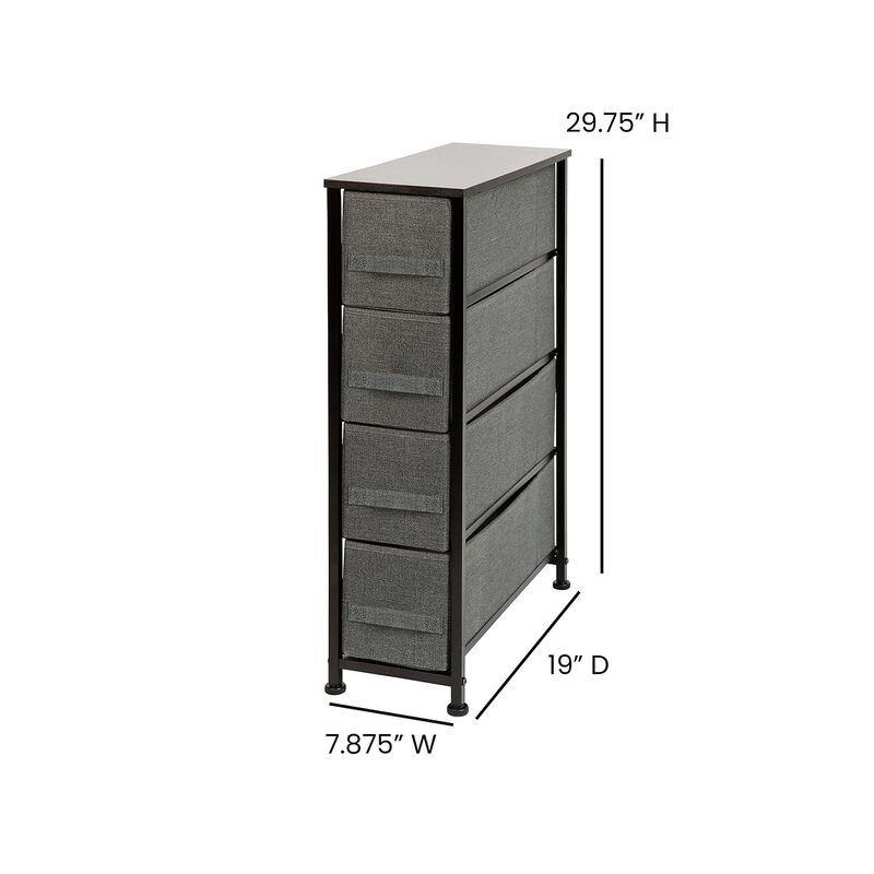 Flash Furniture Harris 4 Drawer Slim Wood Top Black Cast Iron Frame Dresser Storage Tower with Dark Gray Easy Pull Fabric Drawers