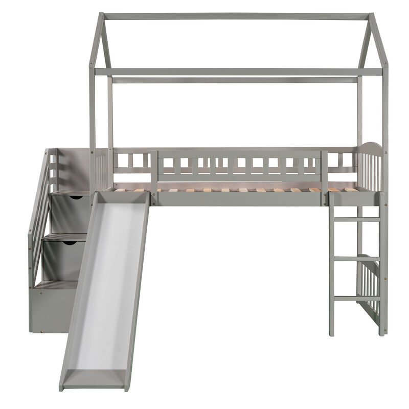 Merax House Loft Bed with 2 Drawers and Slide
