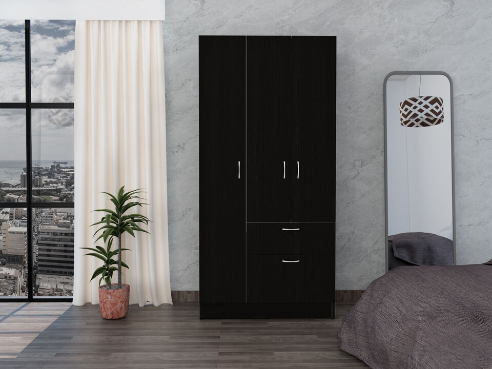 DEPOT E-SHOP Cartagena Armoire, One Drawer, Metal Rod, Five Shelves, Double Door Cabinet, Black / White