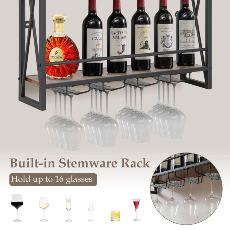 Hivvago 3-Tiers Industrial Wall Mounted Wine Rack with Glass Holder and Metal Frame