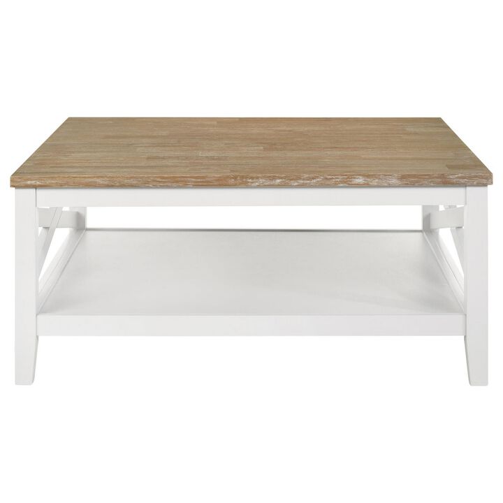 Maise 39 Inch Coffee Table, Rustic Wire Brushed Wood Top, Brown and White - Benzara