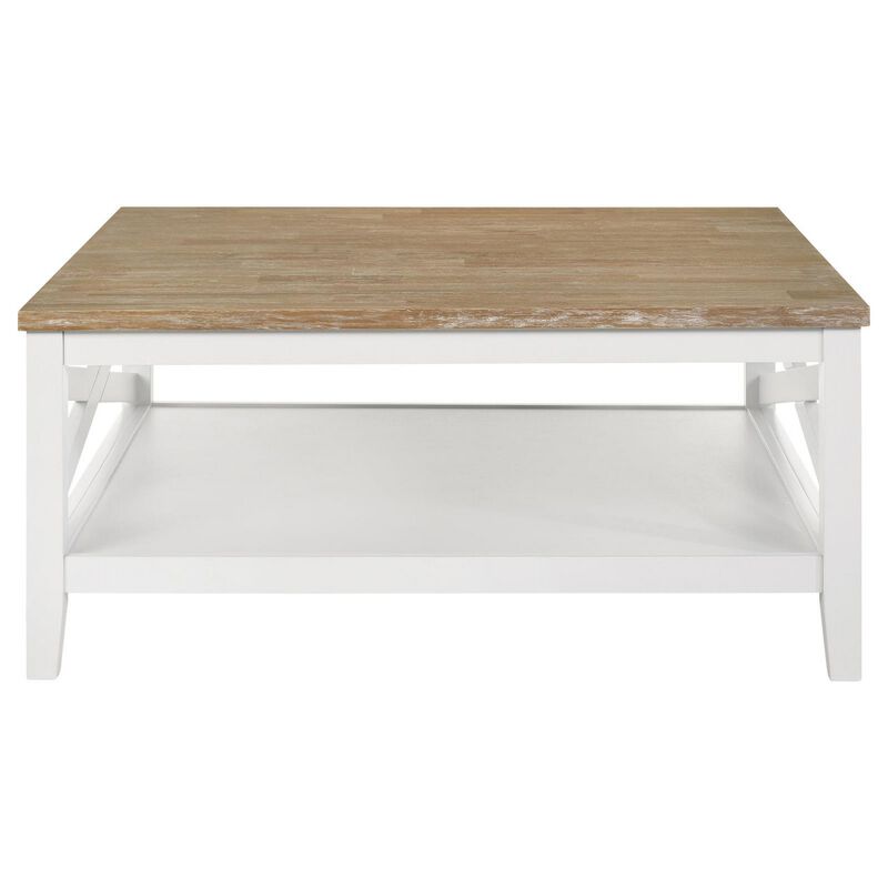 Maise 39 Inch Coffee Table, Rustic Wire Brushed Wood Top, Brown and White - Benzara
