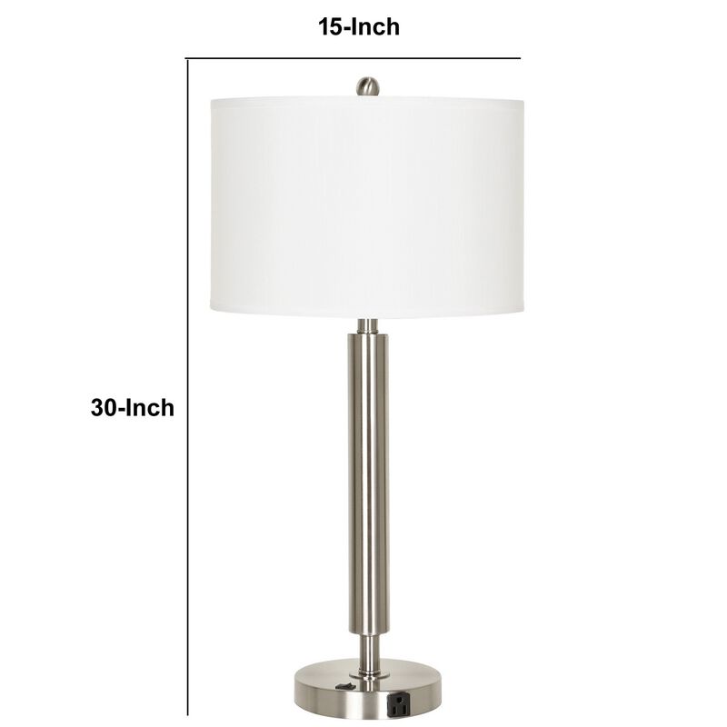 Metal Table Lamp with Fabric Drum Shade, White and Silver-Benzara