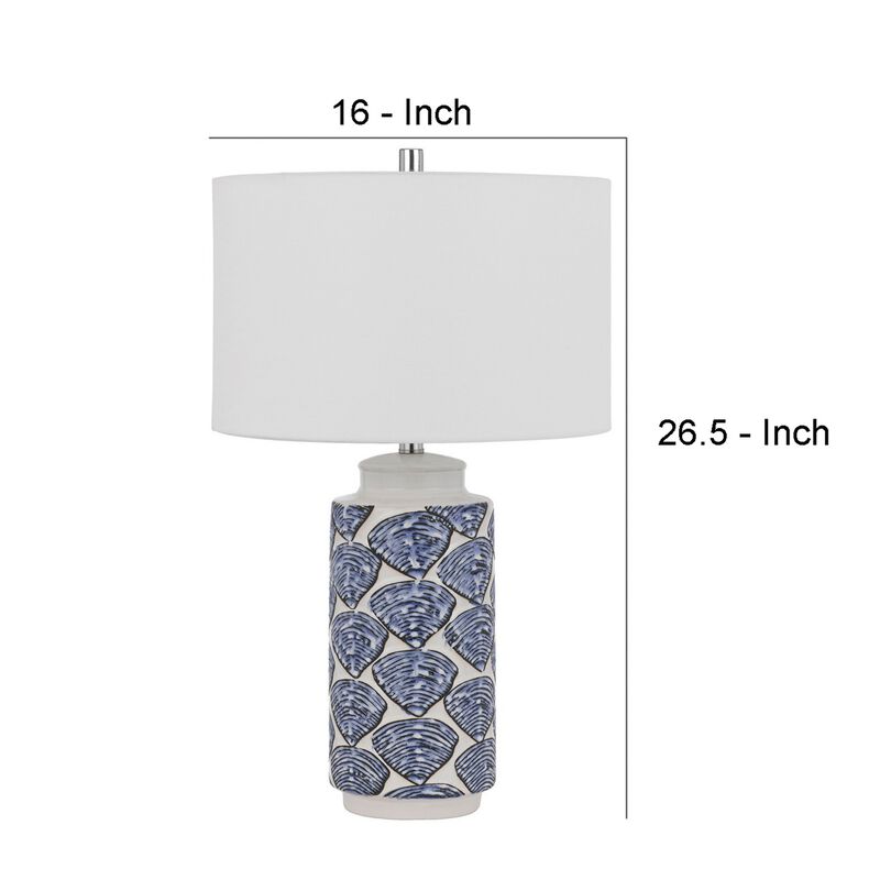 27 Inch Coastal Ceramic Table Lamp, Dimmer, Sea Shells, Blue-Benzara