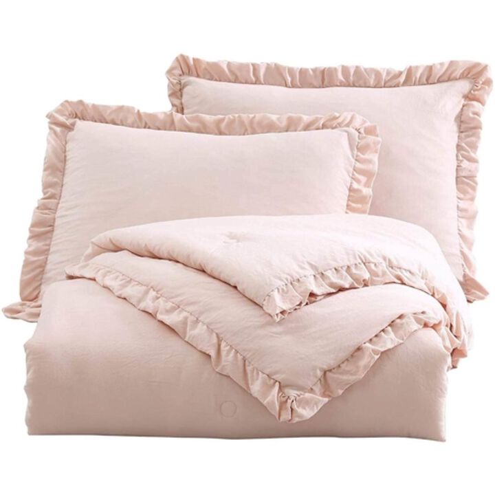 Hivvago Full Size Pink Stone Washed Ruffled Edge Microfiber Comforter Set